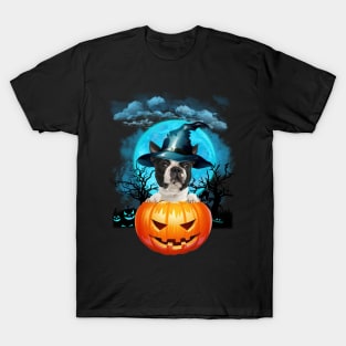 Boston Terrier Witch Hat Pumpkin And Blue Moon Halloween T-Shirt